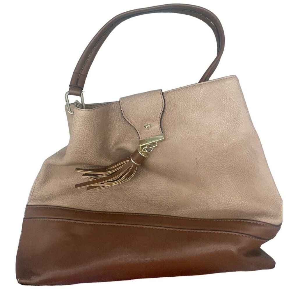 brown faux leather bag snap close strap 2 large inner pouches READ
